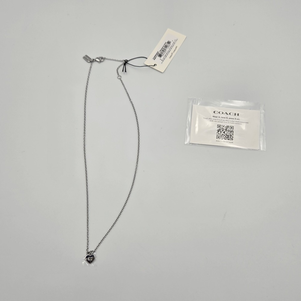 Coach Silver Heart Pendant Necklace‎ Signature "C" Charm 18" Chain NWT Dust Bag